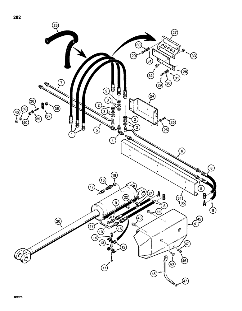 Схема запчастей Case 1150D - (282) - DOZER TILT AND PITCH HYDRAULIC CIRCUIT, ANGLE TILT PITCH DOZER MODELS GRILLE TO CYLINDER (08) - HYDRAULICS