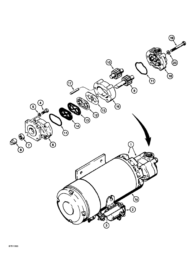 Схема запчастей Case 621B - (5-14) - AUXILIARY STEERING PUMP AND MOTOR ASSEMBLY, L116118, 197540A1 (05) - STEERING