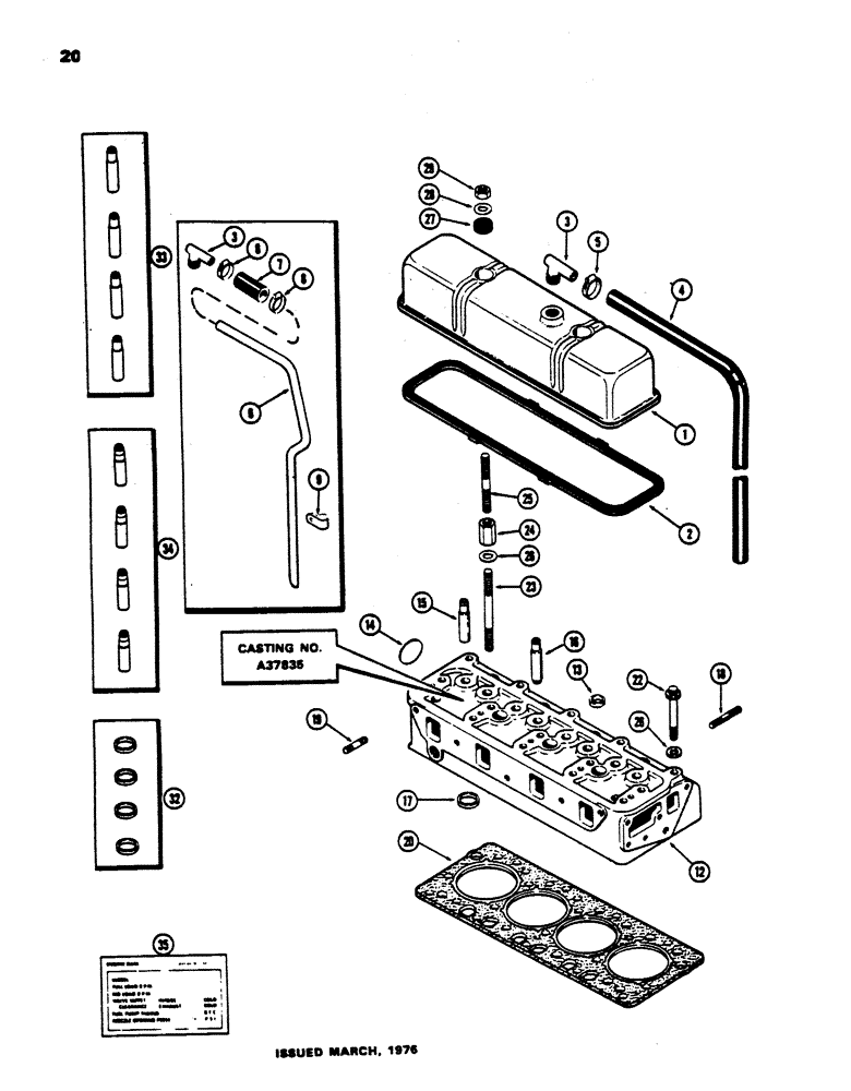 Схема запчастей Case 450 - (020) - CYLINDER HEAD AND COVER, (188) DIESEL ENG., W/CYLINDER HEAD STUDS, USED PRIOR TO ENG. S.N. 2711005 (01) - ENGINE