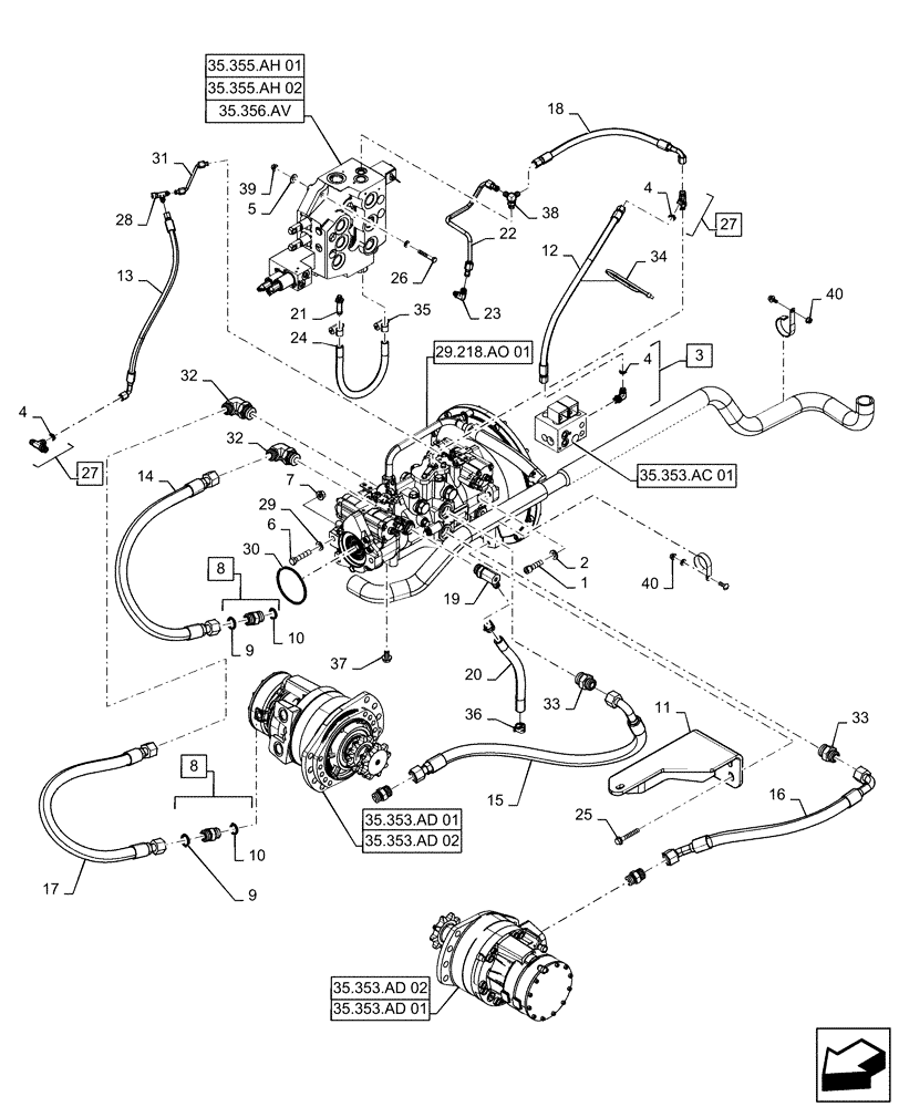 Схема запчастей Case SR220 - (29.204.AB[02]) - HYDROSTATIC PUMP, DRIVE, LINE, MECHANICAL CONTROLS (SR220-SV300) (29) - HYDROSTATIC DRIVE