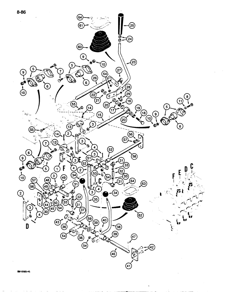 Схема запчастей Case 850D - (8-086) - EQUIPMENT CONTROL VALVE AND LEVERS, THREE LEVERS - FOUR SPOOL (08) - HYDRAULICS