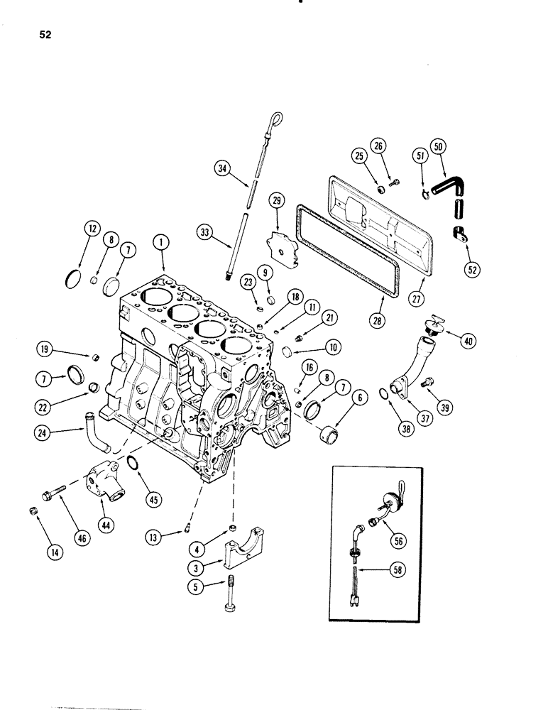 Схема запчастей Case 580E - (052) - CYLINDER BLOCK, 4T-390 DIESEL ENGINE, BLOCK HEATER (02) - ENGINE