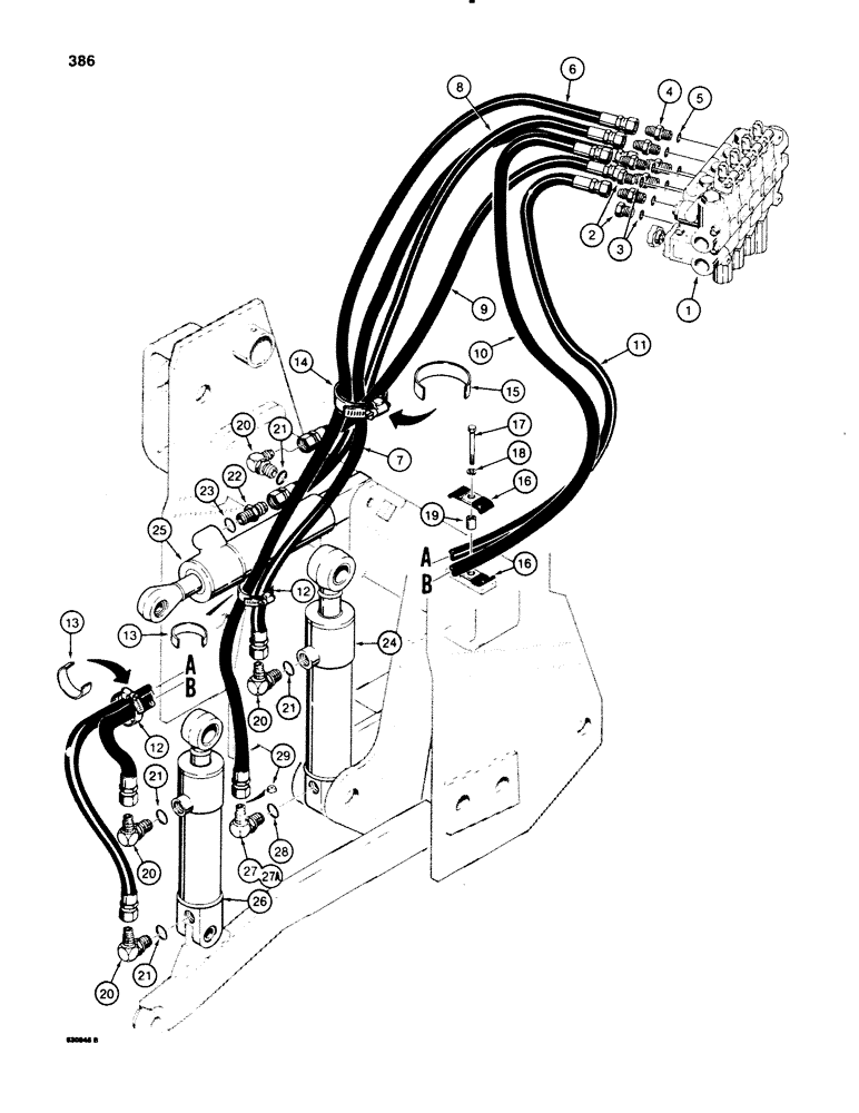 Схема запчастей Case 580E - (386) - THREE-POINT HITCH CYLINDER HYDRAULIC CIRCUIT, USED WITH HYDRAULIC HITCH (08) - HYDRAULICS