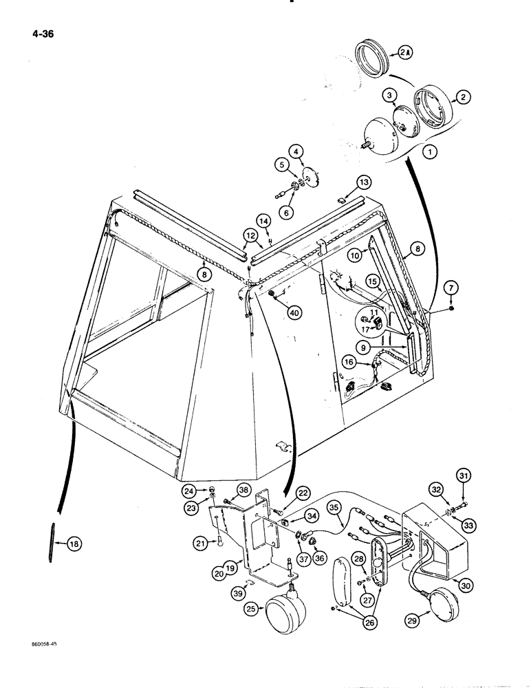 Схема запчастей Case 480E LL - (4-36) - TRACTOR LAMP ELECTRICAL CIRCUIT, WITH CAB (04) - ELECTRICAL SYSTEMS