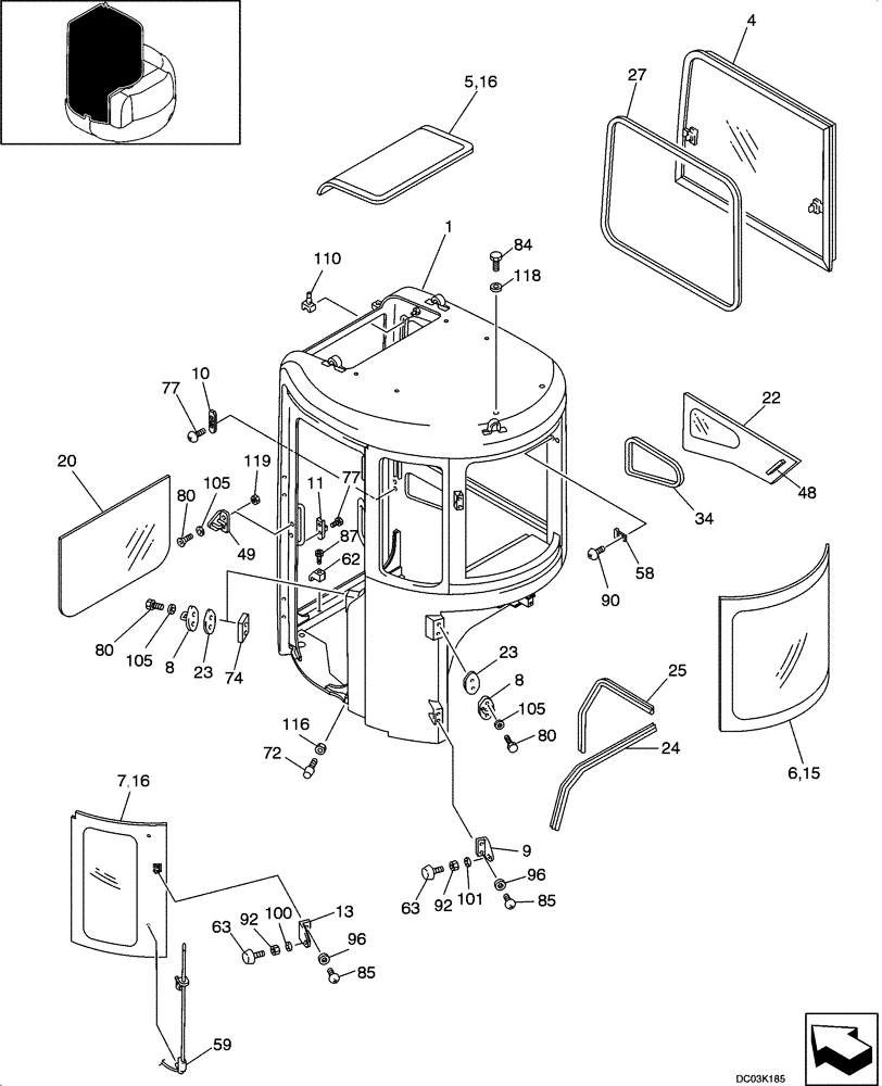 Схема запчастей Case CX47 - (09-16[00]) - CAB - GLASS (09) - CHASSIS/ATTACHMENTS