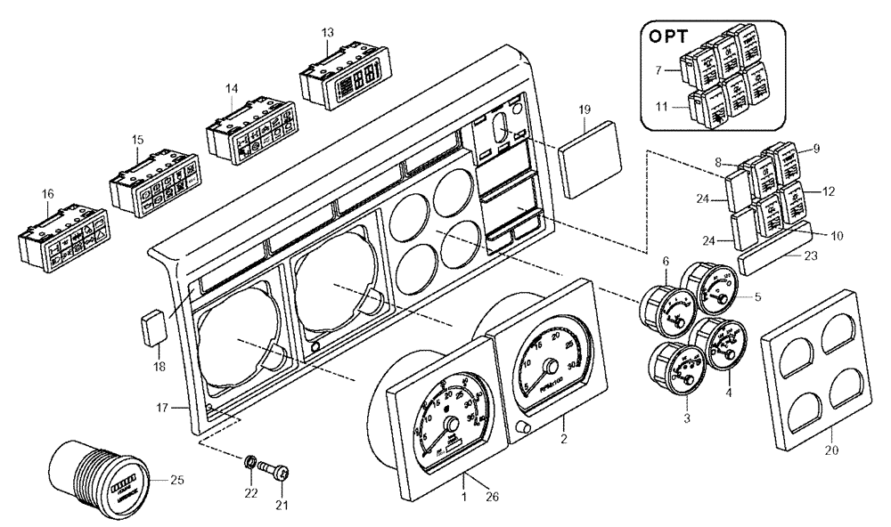 Схема запчастей Case 330 - (67A00011239[01]) - ELECTRICAL EQUIPMENT - INSTRUMENTS PANEL - OPTION (13) - Electrical System / Decals