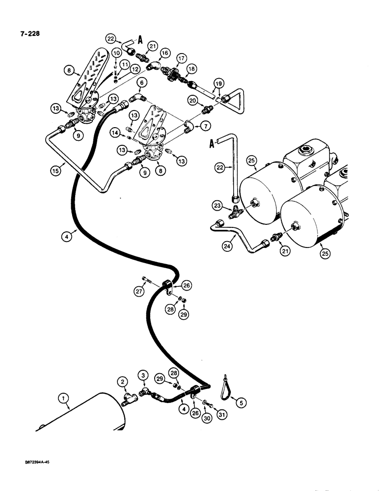 Схема запчастей Case W36 - (7-228) - RESERVOIR TO TREADLE AND BRAKE ACTUATOR (07) - BRAKES