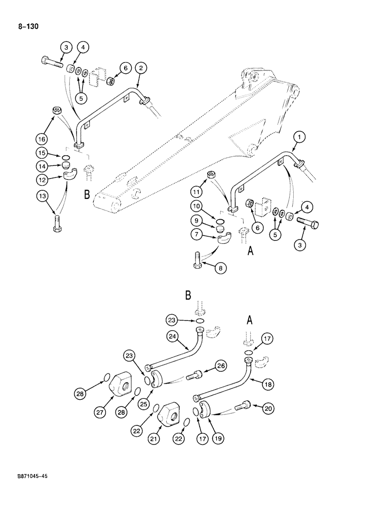 Схема запчастей Case 888 - (8-130) - HYDRAULIC HAMMER CIRCUIT, TUBES AT ARM - 2.10 M ARM (08) - HYDRAULICS