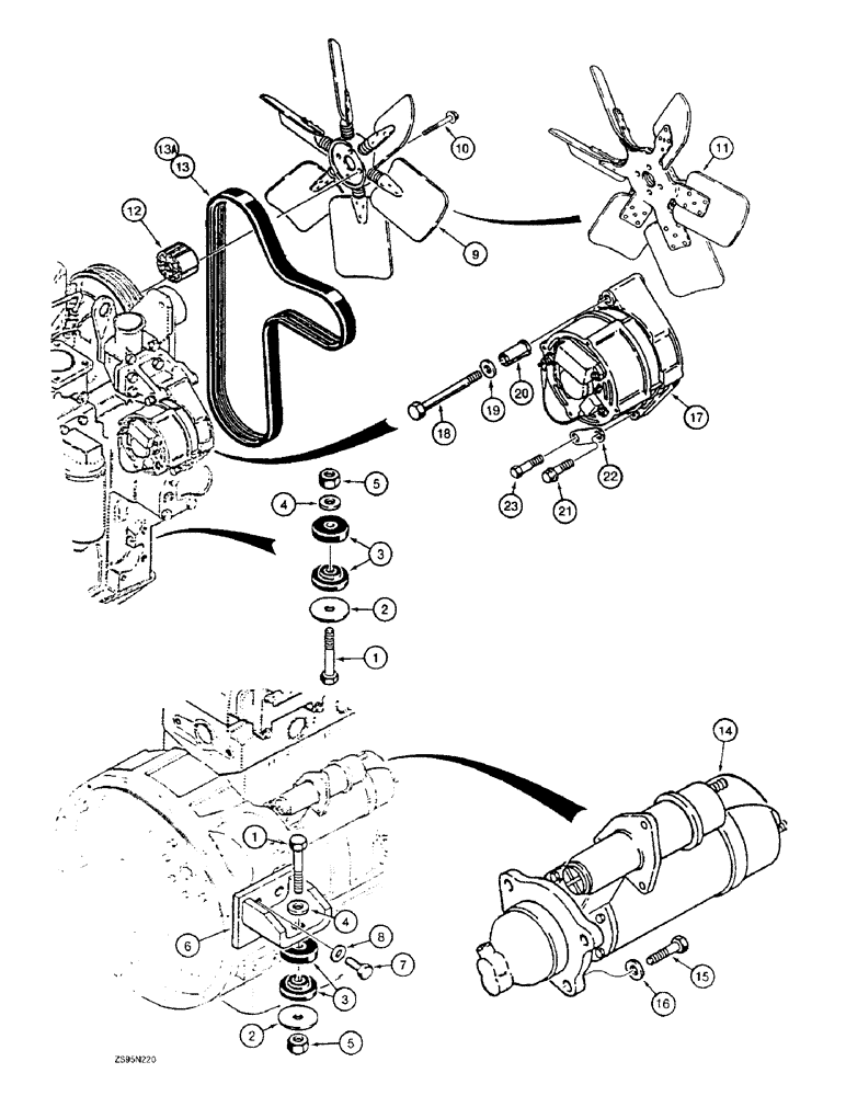 Схема запчастей Case 1155E - (2-110) - ENG, STARTER, & ALTERNATOR MOUNTING, FAN & FAN BELT 6-830 & 6T-830 ENG ALL DOZERS EXCEPT 62" GUAGE (02) - ENGINE