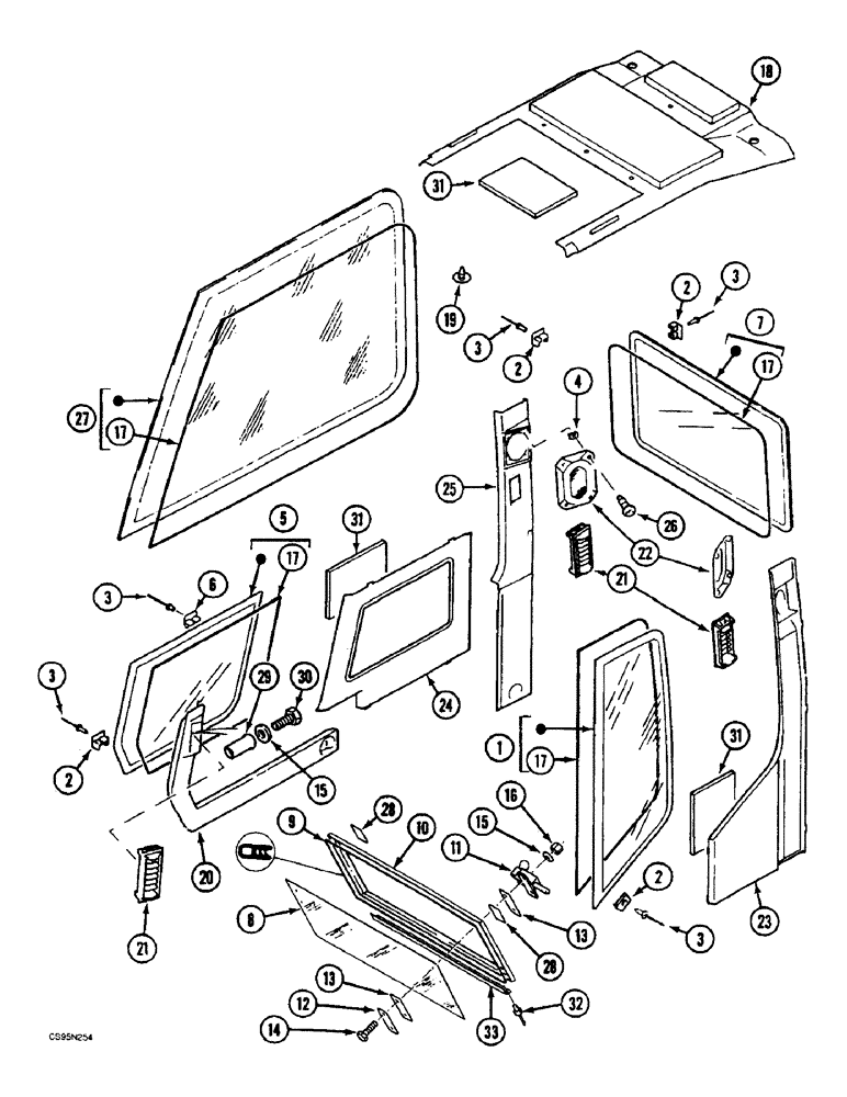 Схема запчастей Case 688BCK - (9E-48) - CAB TRIM - POLYCARBONATE WINDOW GLASSES, 688B CK (120535, 120548,120566-) (05.1) - UPPERSTRUCTURE CHASSIS/ATTACHMENTS