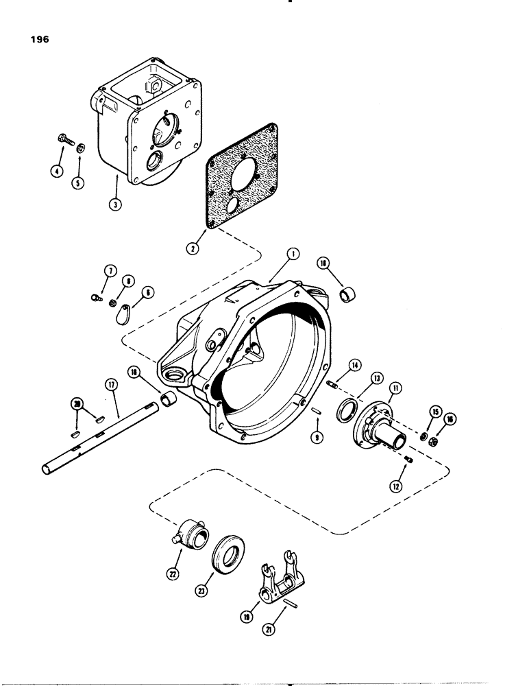 Схема запчастей Case 580C - (196) - CLUTCH HOUSING, 2 -SPEED MECHANICAL SHUTTLE / CLUTCH THROWOUT (06) - POWER TRAIN