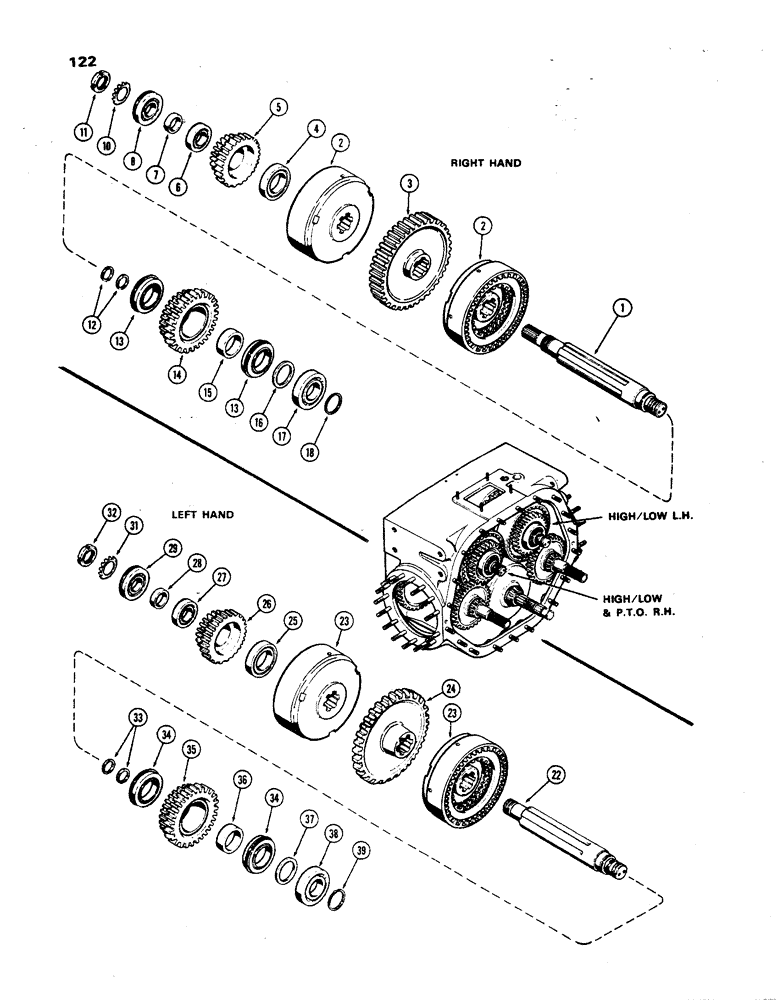 Схема запчастей Case 850 - (122) - HIGH-LOW CLUTCH SHAFT, USED PRIOR TO TRANS S/N 2697154, 1ST USED TRAC S/N 7074053- RH WITH WIDE GEAR (03) - TRANSMISSION