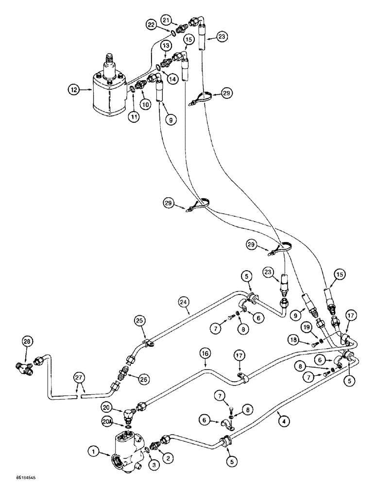 Схема запчастей Case 585E - (5-04) - STEERING HYDRAULIC CIRCUIT, PRESSURE AND RETURN LINES AT STEERING CONTROL VALVE (05) - STEERING