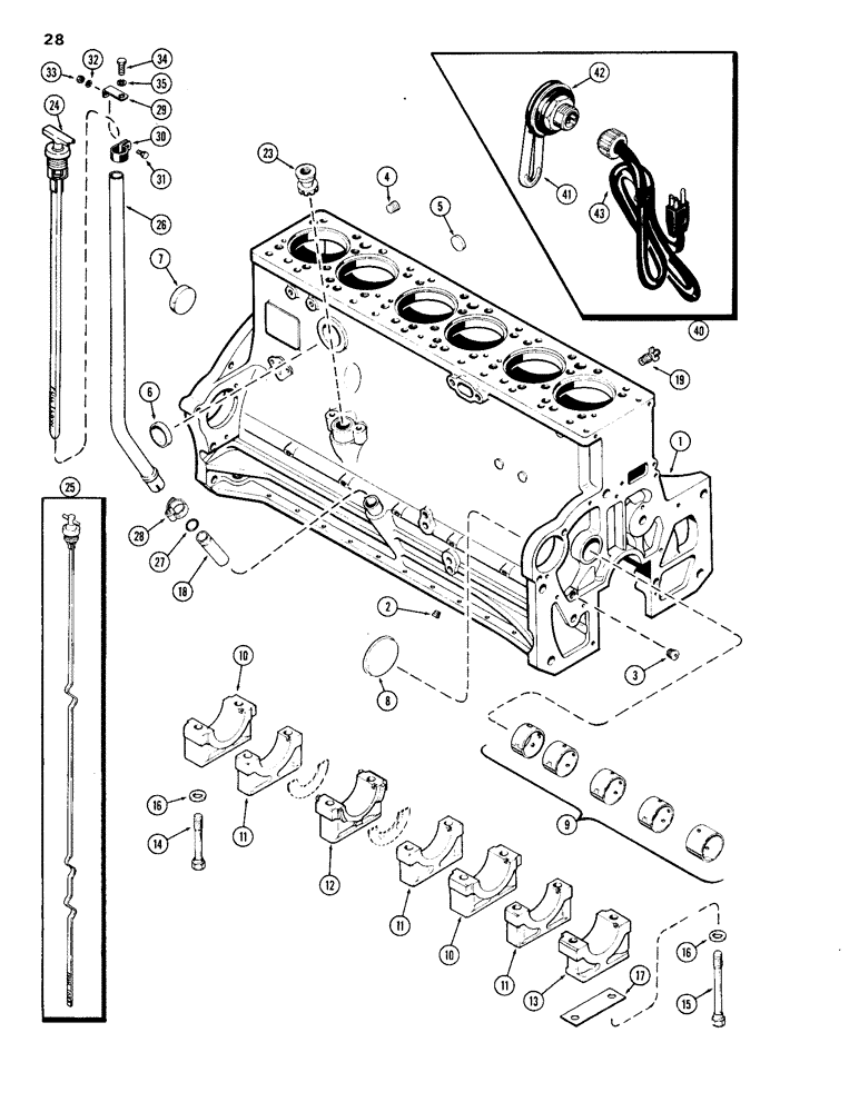 Схема запчастей Case 1150B - (028) - CYLINDER BLOCK, (451BD) AND (451BDT) DIESEL ENGINES, FIRST USED ENG. SN 2555990 (01) - ENGINE