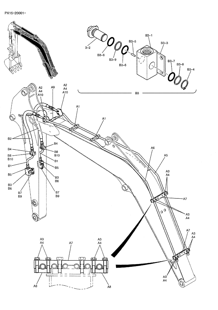 Схема запчастей Case CX36B - (03-003) - HYD LINES, BOOM 2.5M (8FT 2in) (NIBBLER & BREAKER) Attachments