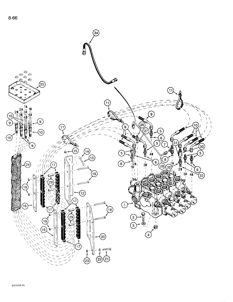 Схема запчастей Case 721 - (8-66) - REMOTE LOADER CONTROL CIRCUIT, HOSE SEPARATOR TO FOUR SPOOL VALVE (08) - HYDRAULICS