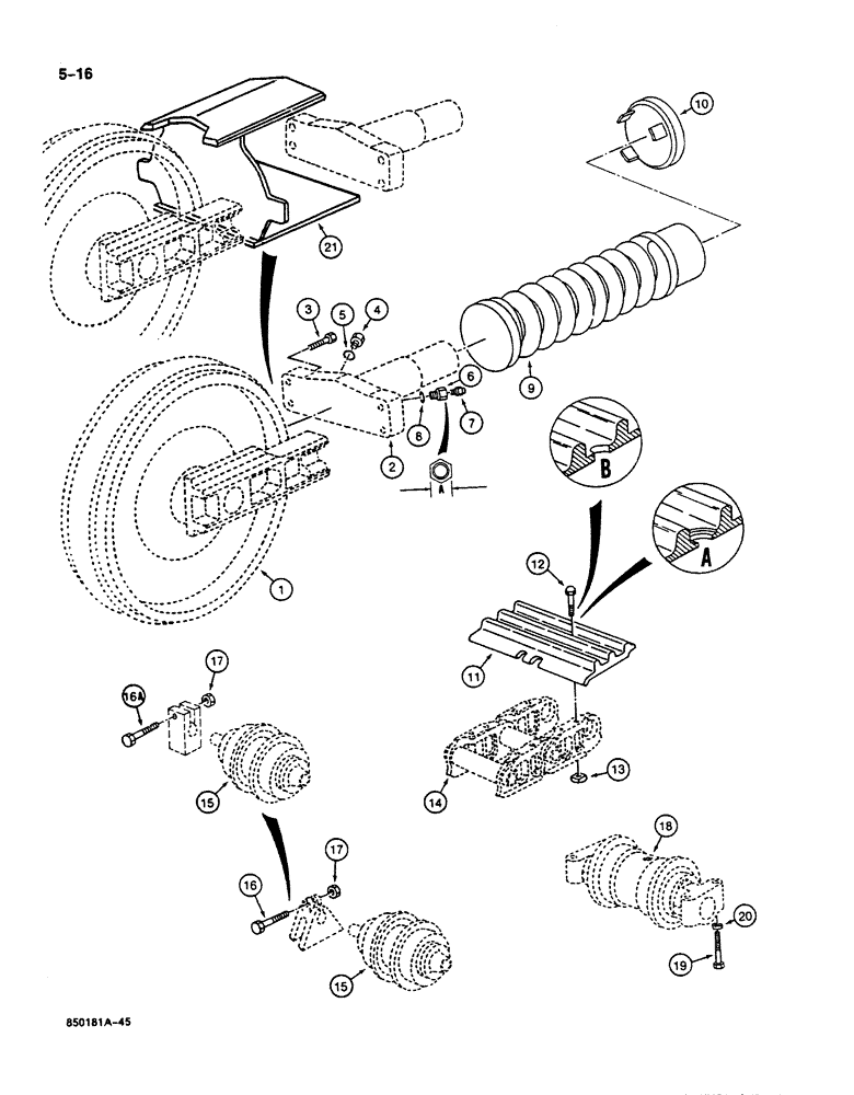 Схема запчастей Case 125B - (5-16) - TRACK ADJUSTMENT CYLINDER AND TRACK SHOES, P.I.N. 74430 THROUGH 74936 (11) - TRACKS/STEERING