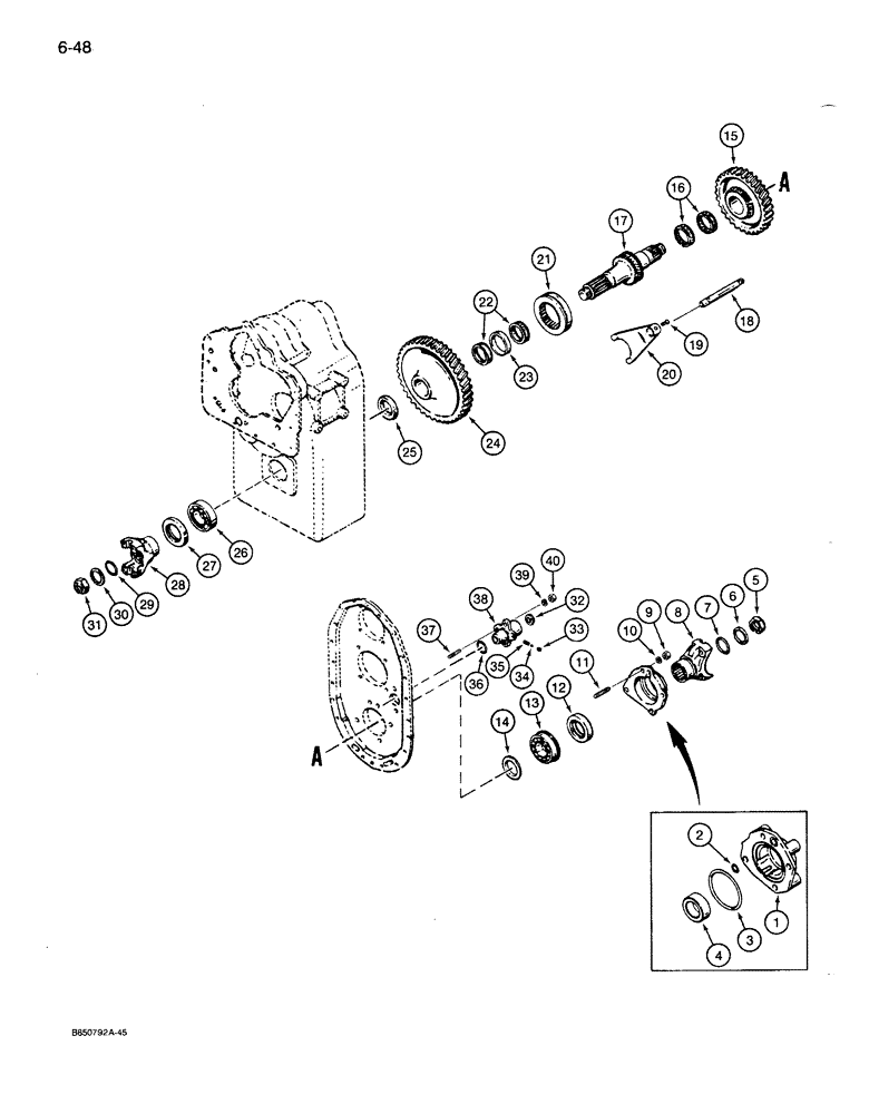 Схема запчастей Case 1085B - (6-048) - TRANSMISSION, OUTPUT FLANGES AND HIGH-LOW SHIFT COMPONENTS (06) - POWER TRAIN