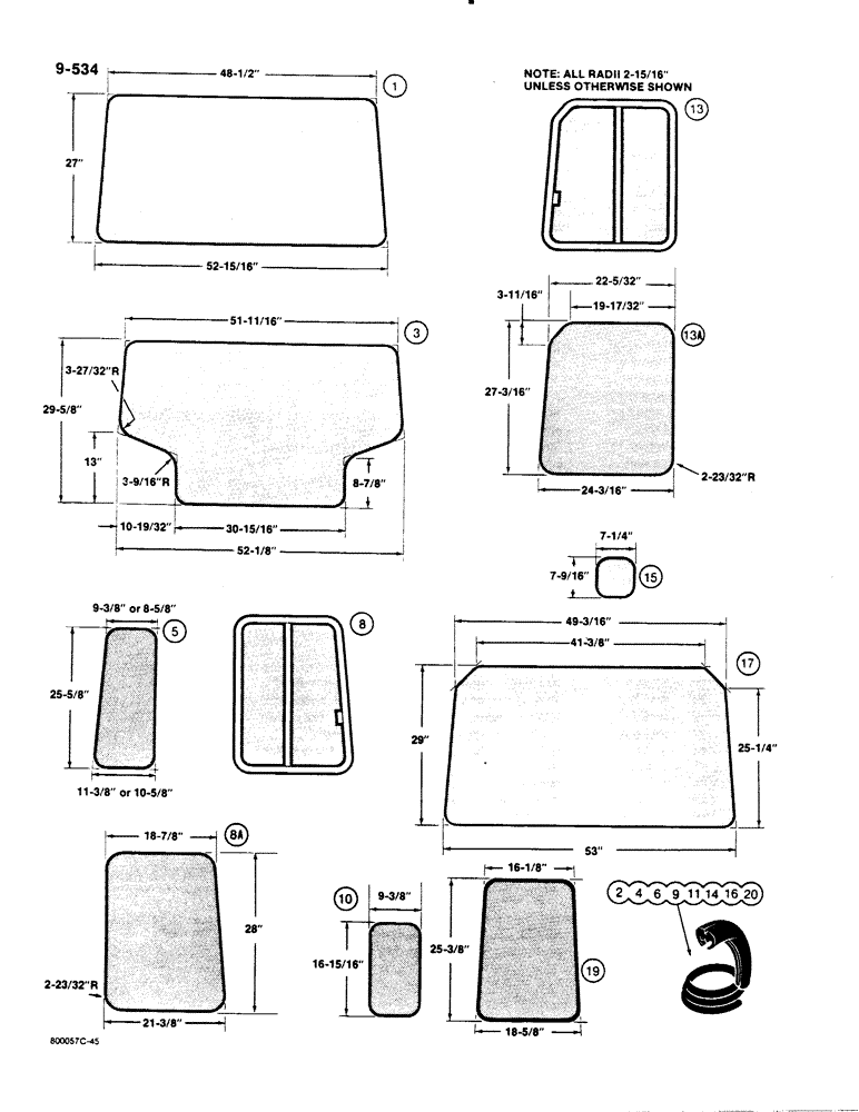 Схема запчастей Case 1455B - (9-534) - ROPS CAB GLASS, U.S. DIMENSIONS (09) - CHASSIS/ATTACHMENTS