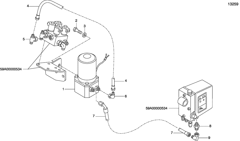 Схема запчастей Case 335 - (59A00000536[001]) - ENGINE HOODS AND DRIVER CAB - HYDRAULIC DUMPING - ELECTRICAL PUMP (10) - Cab/Cowlings