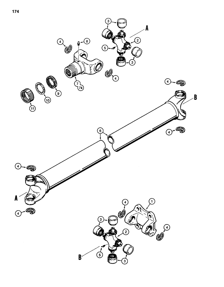 Схема запчастей Case 586D - (174) - DRIVE SHAFT FOR REAR DRIVE AXLE, FOUR WHEEL DRIVE MODELS (27) - REAR AXLE SYSTEM