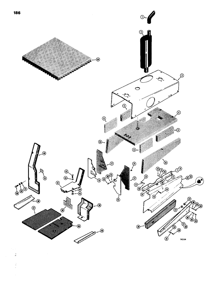 Схема запчастей Case 26B - (186) - NOISE CONTROL PARTS AND PADDING, BASIC TRACTOR AND ROPS CANOPY 