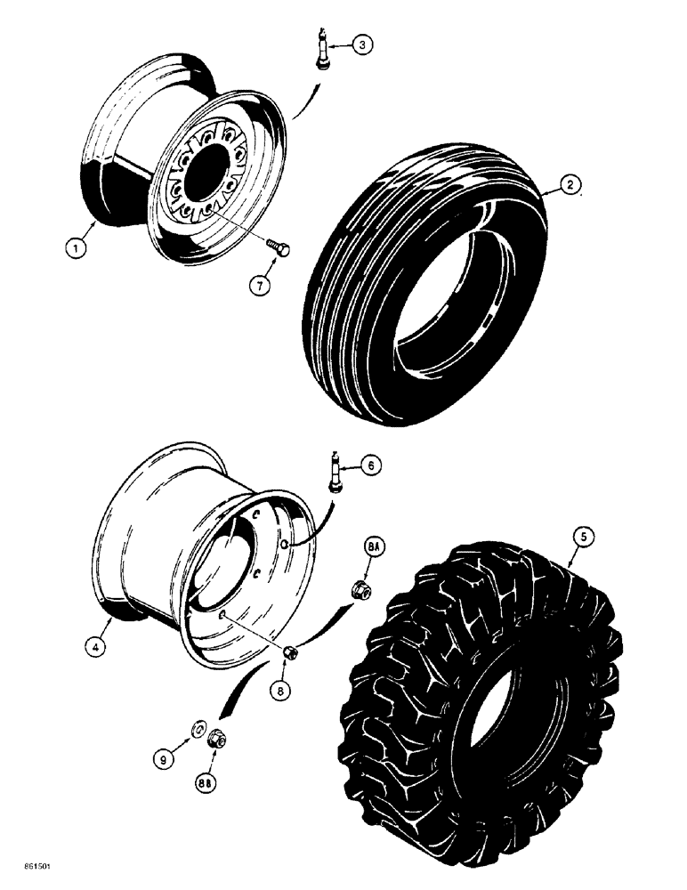 Схема запчастей Case 586E - (5-20) - REAR WHEELS AND TIRES, TWO WHEEL DRIVE MODELS, FOR 8.00 X 16 AND 11L X 16 TIRES (05) - STEERING