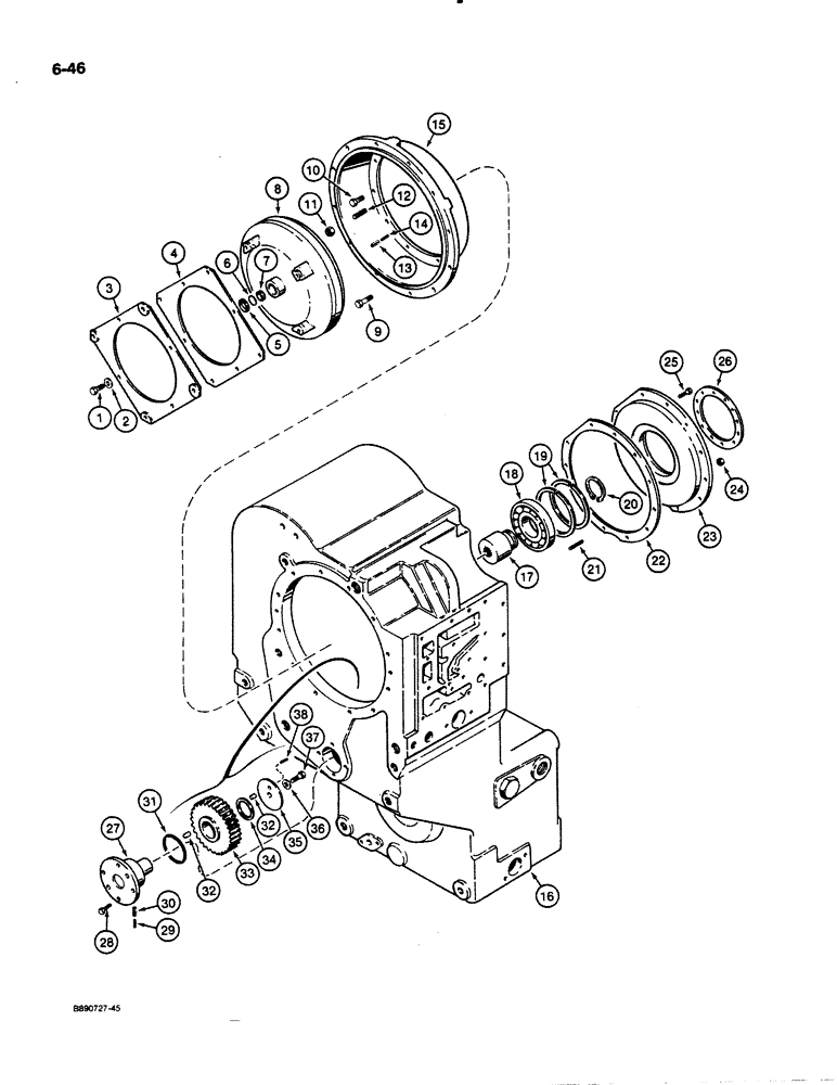 Схема запчастей Case 621 - (6-046) - TRANSMISSION ASSEMBLY, IDLER GEAR, CONVERTER AND COVER, P.I.N. JAK0020901 AND AFTER (06) - POWER TRAIN