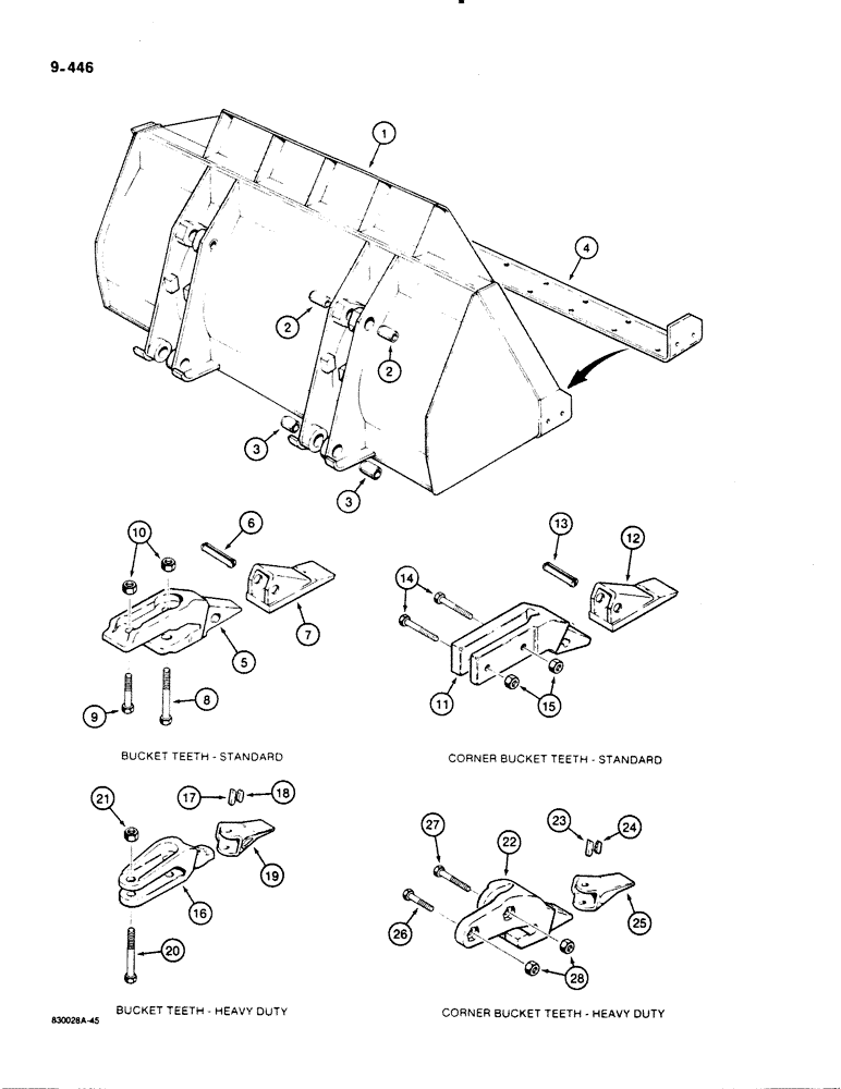 Схема запчастей Case 1455B - (9-446) - LODR BCKT, *W/CORNER TEETH - TEETH USE 3/4" DIA HARDWARE, IF USED (09) - CHASSIS/ATTACHMENTS