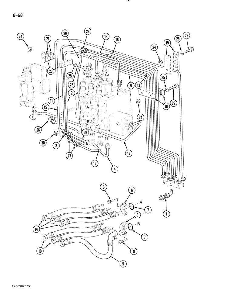 Схема запчастей Case 888 - (8-068) - HYDRAULIC CONTROL CIRCUIT, TO SOLENOID AND ATTACHMENT CONTROL VAVLES, P.I.N. FROM XXXXX AND AFTER (08) - HYDRAULICS