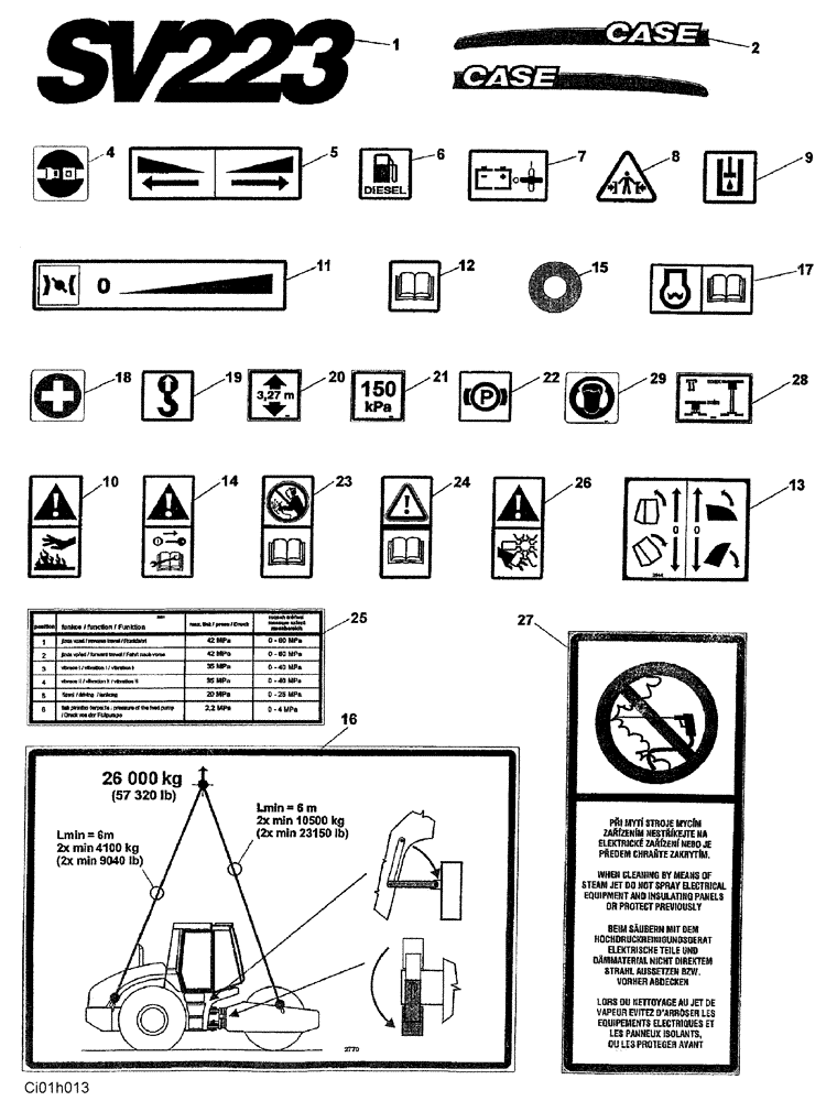 Схема запчастей Case SV223 - (12-028-00[01]) - DECALS (12) - Chassis/Attachments