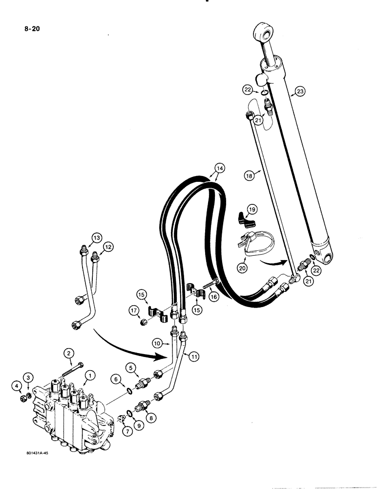 Схема запчастей Case 480E - (8-020) - BACKHOE BOOM CYLINDER HYDRAULIC CIRCUIT, 12 FOOT AND 14 FOOT BACKHOES 480E MODELS ONLY (08) - HYDRAULICS