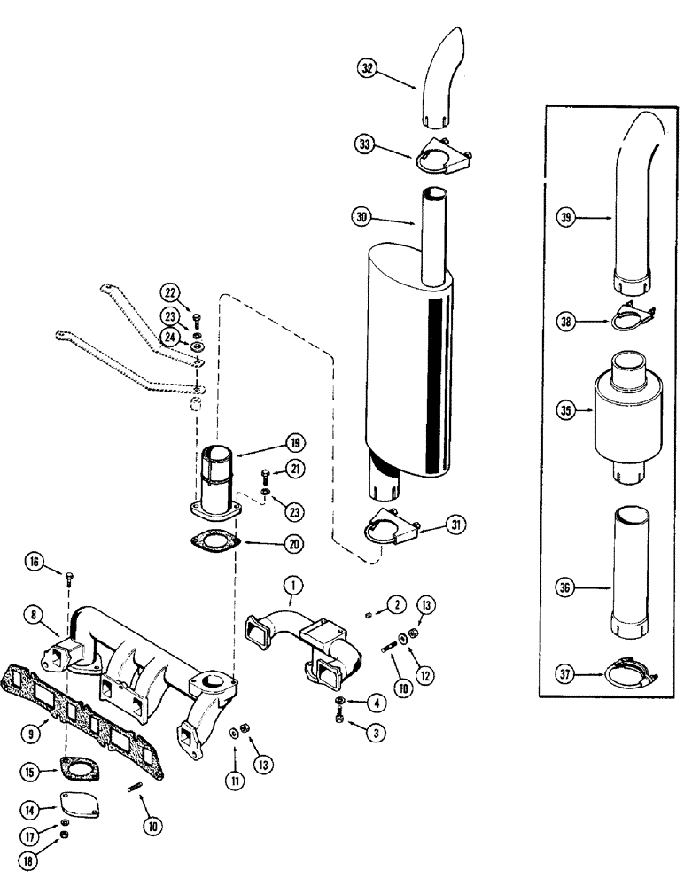 Схема запчастей Case 580B - (084) - MANIFOLDS AND MUFFLER, (188) SPARK IGNITION ENGINE, STANDARD MUFFLER (02) - ENGINE