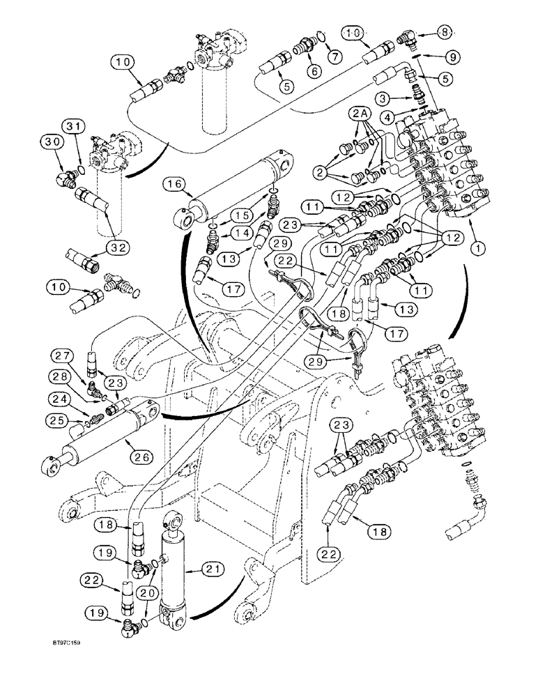 Схема запчастей Case 570LXT - (8-057C) - THREE-POINT HITCH CYLINDER HYDRAULIC CIRCUIT, RETURN LINE AT TOP OF HITCH VALVE (08) - HYDRAULICS