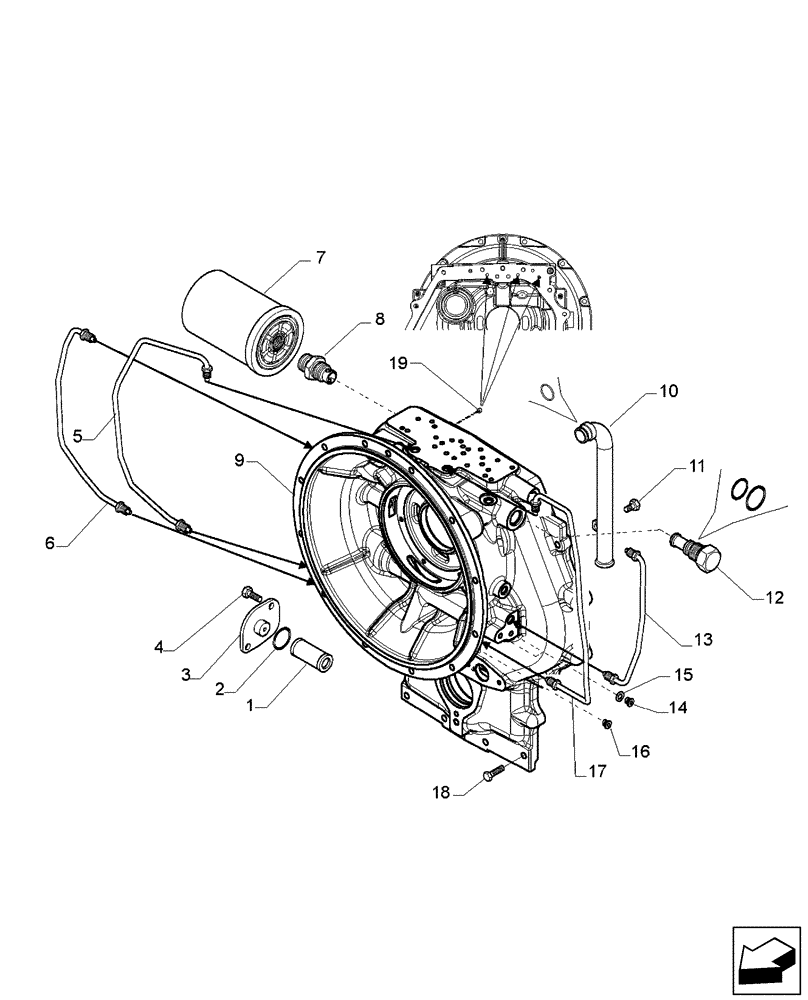 Схема запчастей Case 580SM - (21.113.01[01]) - TRANSMISSION, 4WD POWERSHIFT (580SM/SM+) - HOUSING & FILTER, OIL (21) - TRANSMISSION