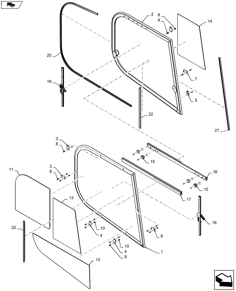 Схема запчастей Case TR320 - (90.154.AV[05]) - SIDE WINDOW ASSY (ALL CASE) (90) - PLATFORM, CAB, BODYWORK AND DECALS