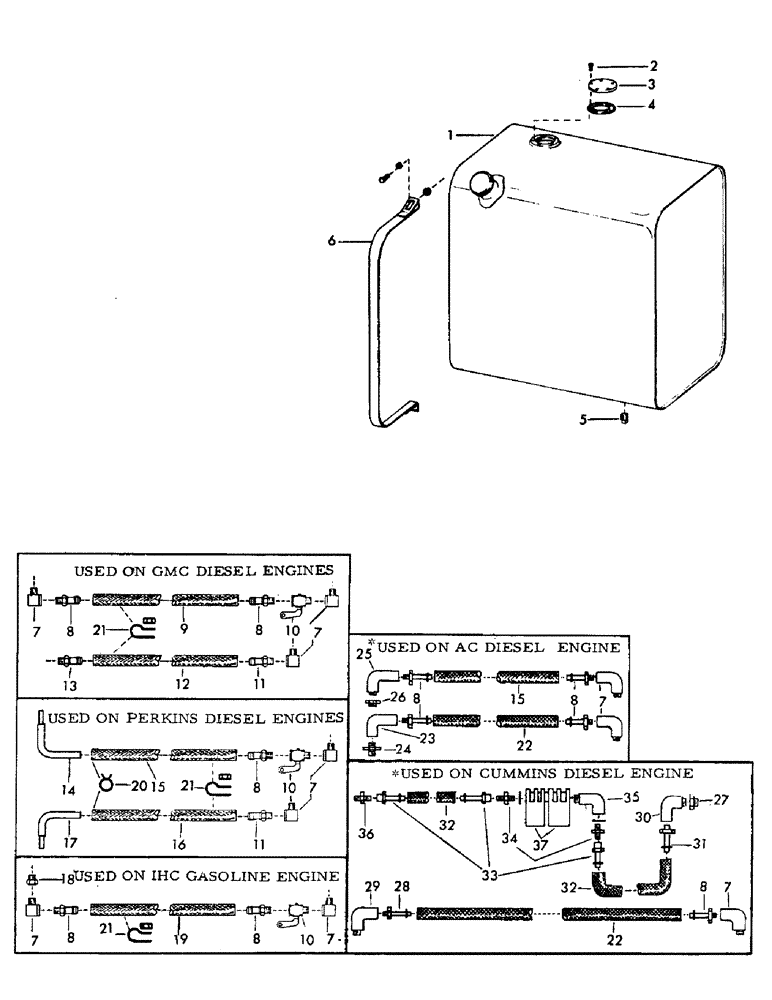 Схема запчастей Case 35YC - (C21) - FUEL TANK AND LINES FOR:, GMC 4-53, PERKINS 6-354, AC 2900, CUMMINS 6V-352 DIESEL ENGINES AND (01) - ENGINE