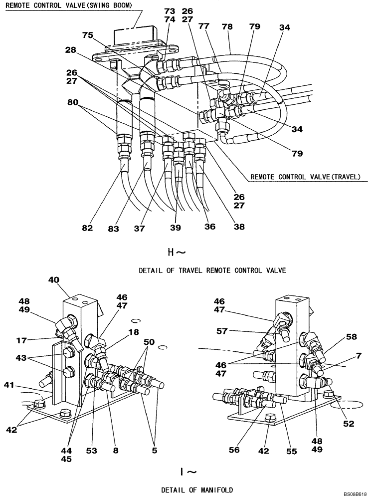 Схема запчастей Case CX80 - (08-39) - PILOT CONTROL LINES - MODELS WITHOUT LOAD HOLD (08) - HYDRAULICS