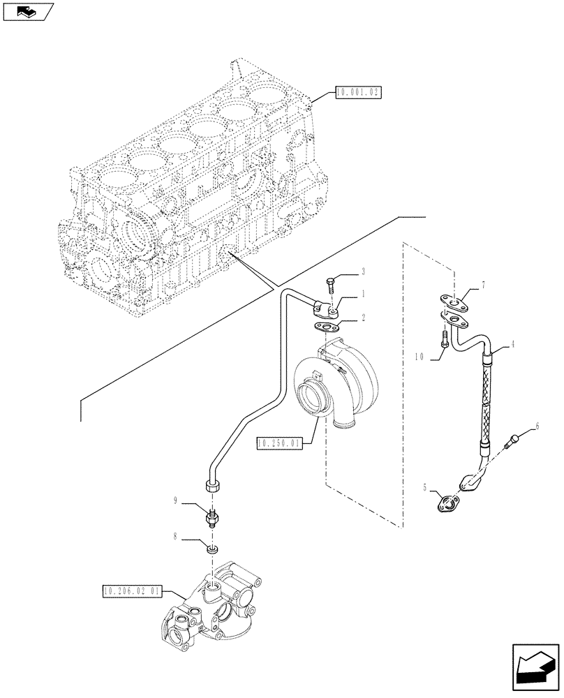 Схема запчастей Case F3BE0684N E915 - (10.250.02[01]) - PIPING - TURBOCHARGER (504365739-504053494) (10) - ENGINE