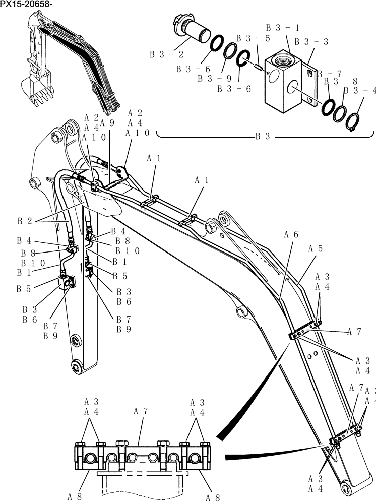 Схема запчастей Case CX36B - (500-60[1Z83]) - HYD LINES, BOOM 2.5M (8FT 2IN) (NIBBLER & BREAKER) Attachment