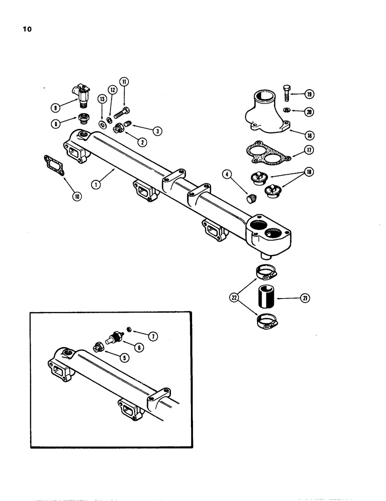 Схема запчастей Case W24B - (010) - WATER MANIFOLD AND THERMOSTAT, (504BD) AND (504BDT) DIESEL ENGINES. (02) - ENGINE