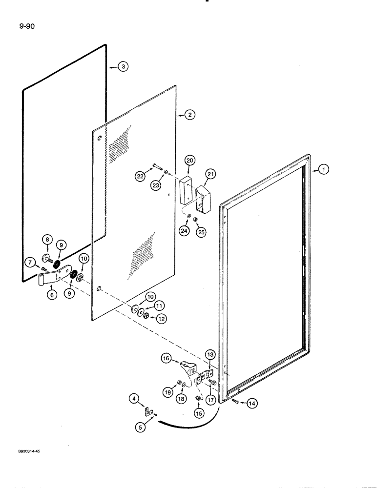 Схема запчастей Case 821 - (9-090) - CAB DOOR WINDOW, CABS WITH PLASTIC LATCH FOR WINDOW (09) - CHASSIS/ATTACHMENTS