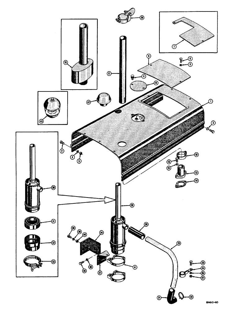 Схема запчастей Case 310E - (037) - HOOD, EXHAUST SYSTEM, AND AIR CLEANER - GAS (05) - UPPERSTRUCTURE CHASSIS