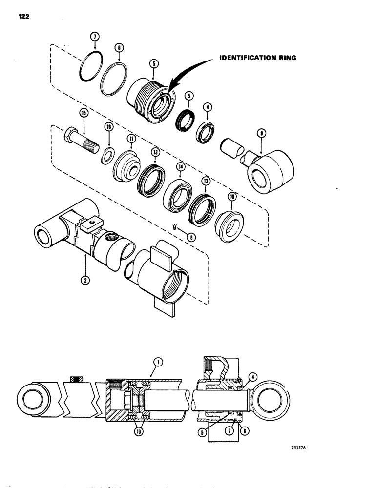 Схема запчастей Case 26C - (122) - G33204 DIPPER EXTENSION CYLINDER, WITH TWO PIECE PISTON, GLAND HAS IDENTIFICATION RING 