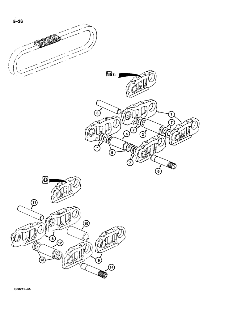 Схема запчастей Case 125B - (5-36) - TRACK CHAIN, LINKS AND PINS, P.I.N. 74251 THROUGH 74963, 21801 THROUGH 21868, 26801 AND AFTER (11) - TRACKS/STEERING