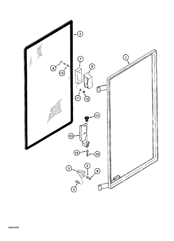 Схема запчастей Case 921 - (9-055A) - CAB DOOR WINDOW, WITH WELDED-ON HINGE (09) - CHASSIS/ATTACHMENTS