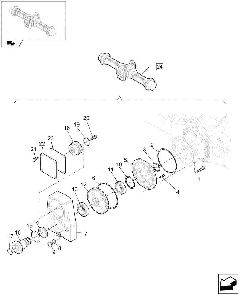 Схема запчастей Case 321E - (073/03[09]) - 20 KM/H REAR SELF-LOCKING AXLE: GEARBOX (05) - REAR AXLE