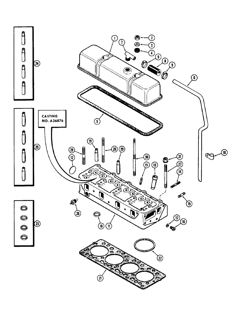 Схема запчастей Case 580 - (011A) - CYLINDER HEAD ASSEMBLY, (188) DIESEL ENGINE, USED PRIOR TO ENG. SER. NO. 2627377 (10) - ENGINE