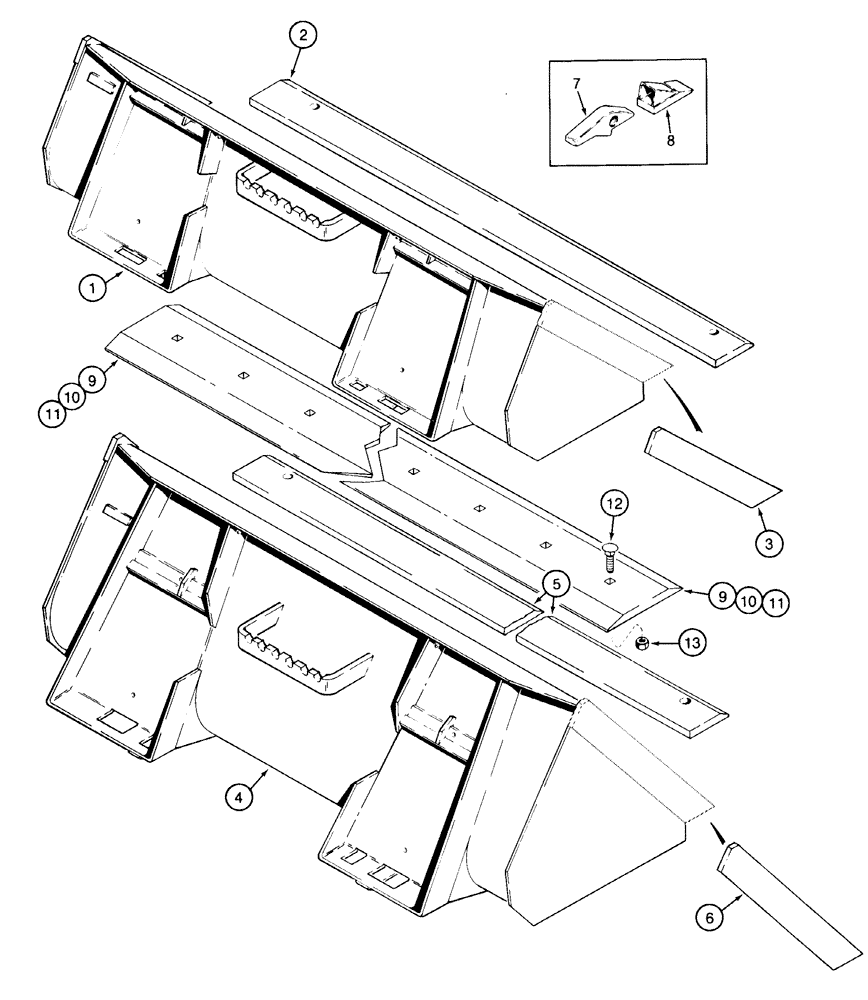 Схема запчастей Case 1835C - (9-20) - BUCKETS 152 MM (6 INCH) STRAIGHT CUTTING EDGE AND SERRATED STEP (09) - CHASSIS/ATTACHMENTS