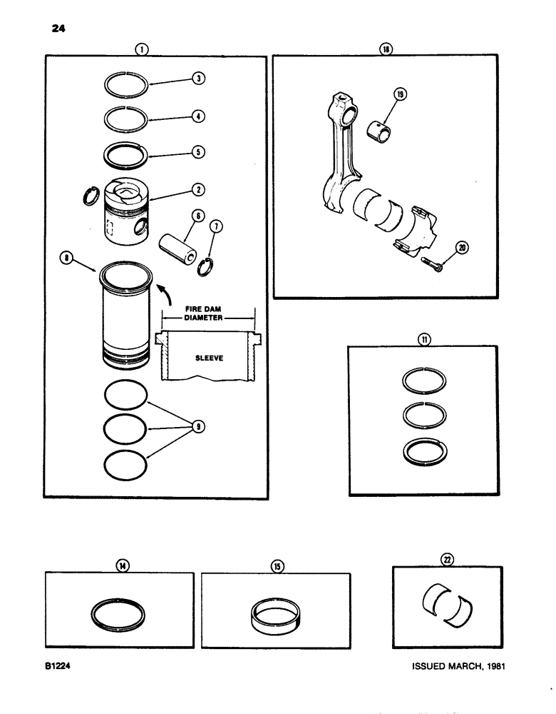 Схема запчастей Case 680E - (024) - PISTONS AND SLEEVES, WITH 5.189" TO 5.194" FIRE DAM DIAMETER SLEEVE, 336BD DIESEL ENGINES (10) - ENGINE